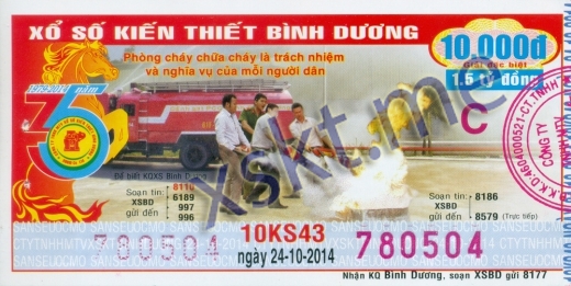 Mẫu vé sô xổ số Bình Dương ngày 24/10/2014