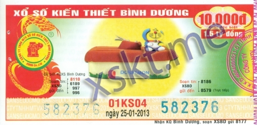 Mẫu vé sô xổ số Bình Dương ngày 25/1/2013
