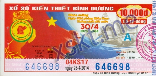 Mẫu vé sô xổ số Bình Dương ngày 25/4/2014