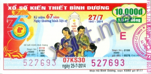 Mẫu vé sô xổ số Bình Dương ngày 25/7/2014