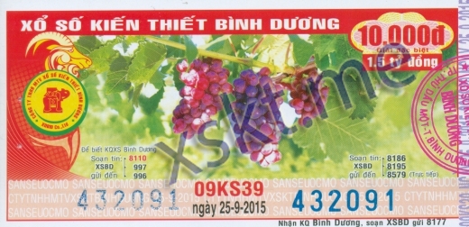 Mẫu vé sô xổ số Bình Dương ngày 25/9/2015