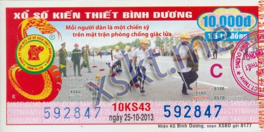 Mẫu vé sô xổ số Bình Dương ngày 25/10/2013