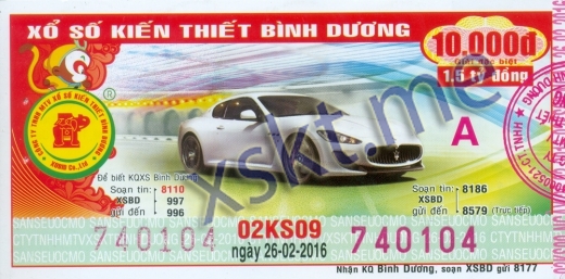 Mẫu vé sô xổ số Bình Dương ngày 26/2/2016