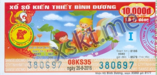 Mẫu vé sô xổ số Bình Dương ngày 26/8/2016