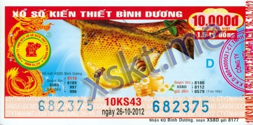 Mẫu vé sô xổ số Bình Dương ngày 26/10/2012