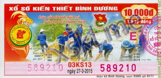 Mẫu vé sô xổ số Bình Dương ngày 27/3/2015