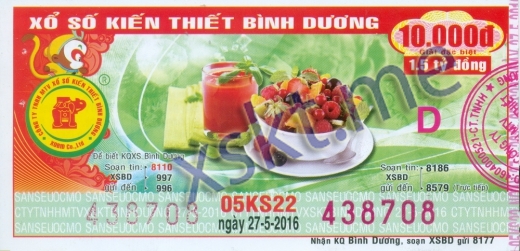 Mẫu vé sô xổ số Bình Dương ngày 27/5/2016