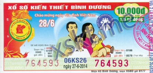 Mẫu vé sô xổ số Bình Dương ngày 27/6/2014