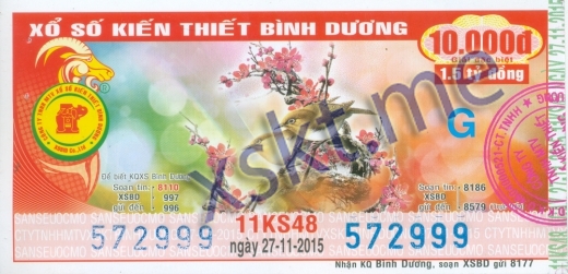 Mẫu vé sô xổ số Bình Dương ngày 27/11/2015