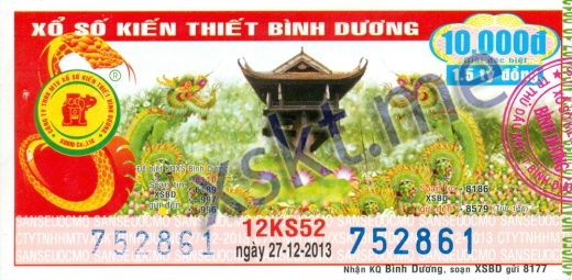 Mẫu vé sô xổ số Bình Dương ngày 27/12/2013