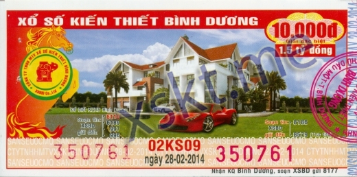 Mẫu vé sô xổ số Bình Dương ngày 28/2/2014