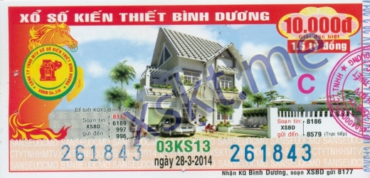Mẫu vé sô xổ số Bình Dương ngày 28/3/2014