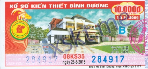 Mẫu vé sô xổ số Bình Dương ngày 28/8/2015