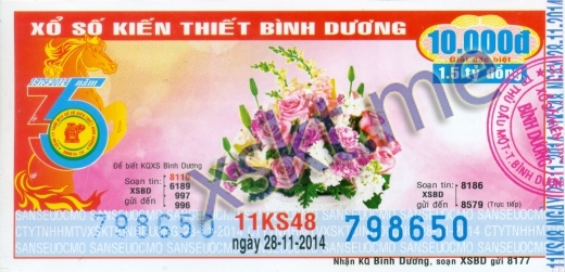 Mẫu vé sô xổ số Bình Dương ngày 28/11/2014