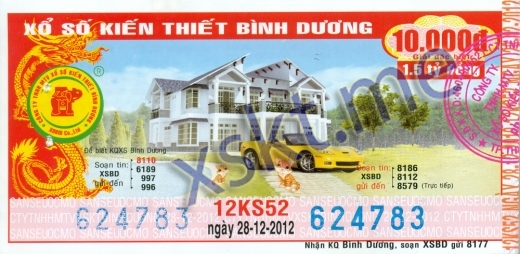 Mẫu vé sô xổ số Bình Dương ngày 28/12/2012