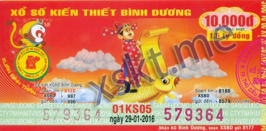 Mẫu vé sô xổ số Bình Dương ngày 29/1/2016