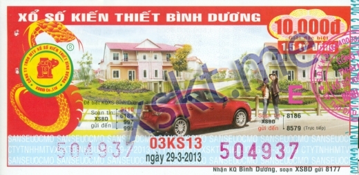 Mẫu vé sô xổ số Bình Dương ngày 29/3/2013