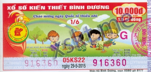 Mẫu vé sô xổ số Bình Dương ngày 29/5/2015