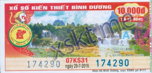Mẫu vé sô xổ số Bình Dương ngày 29/7/2016