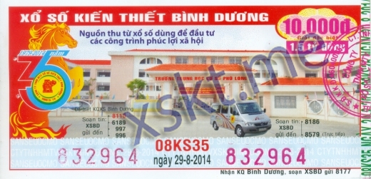 Mẫu vé sô xổ số Bình Dương ngày 29/8/2014