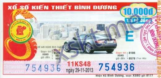 Mẫu vé sô xổ số Bình Dương ngày 29/11/2013