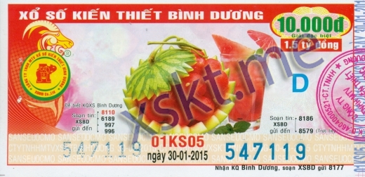 Mẫu vé sô xổ số Bình Dương ngày 30/1/2015
