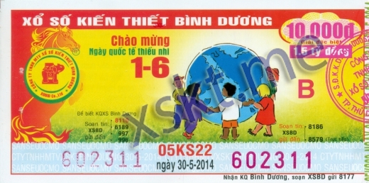 Mẫu vé sô xổ số Bình Dương ngày 30/5/2014