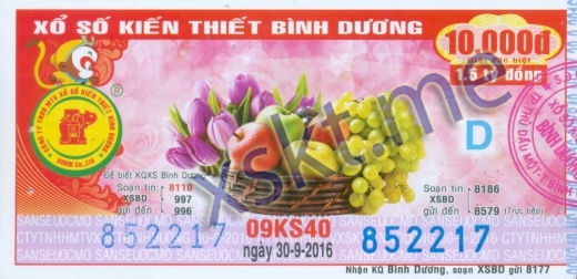 Mẫu vé sô xổ số Bình Dương ngày 30/9/2016