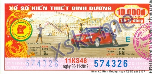 Mẫu vé sô xổ số Bình Dương ngày 30/11/2012