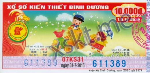Mẫu vé sô xổ số Bình Dương ngày 31/7/2015