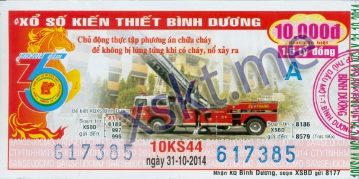Mẫu vé sô xổ số Bình Dương ngày 31/10/2014
