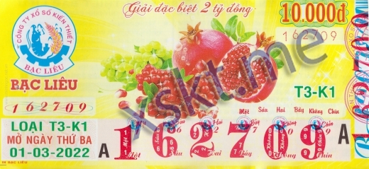 Mẫu vé sô xổ số Bạc Liêu ngày 1/3/2022