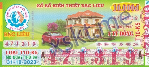 Mẫu vé sô xổ số Bạc Liêu ngày 31/10/2023