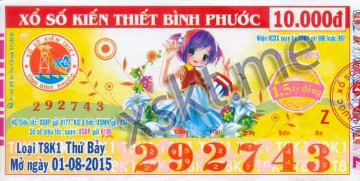Mẫu vé sô xổ số Bình Phước ngày 1/8/2015
