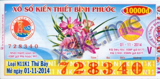 Mẫu vé sô xổ số Bình Phước ngày 1/11/2014