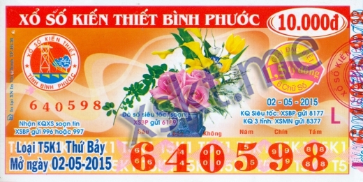 Mẫu vé sô xổ số Bình Phước ngày 2/5/2015