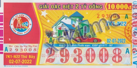Mẫu vé sô xổ số Bình Phước ngày 2/7/2022