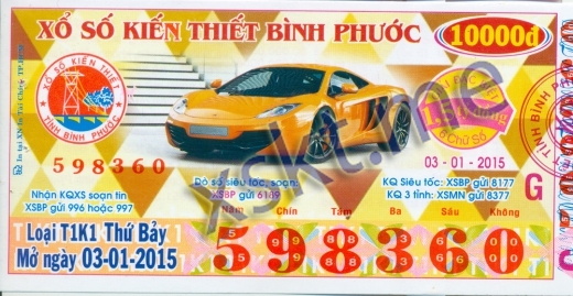 Mẫu vé sô xổ số Bình Phước ngày 3/1/2015