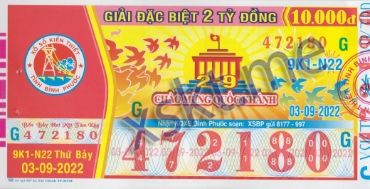 Mẫu vé sô xổ số Bình Phước ngày 3/9/2022