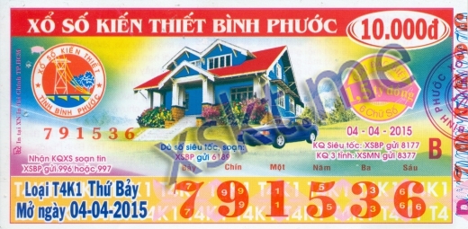 Mẫu vé sô xổ số Bình Phước ngày 4/4/2015
