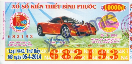 Mẫu vé sô xổ số Bình Phước ngày 5/4/2014