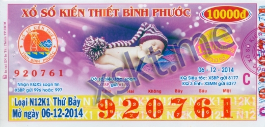 Mẫu vé sô xổ số Bình Phước ngày 6/12/2014