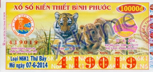 Mẫu vé sô xổ số Bình Phước ngày 7/6/2014