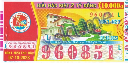 Mẫu vé sô xổ số Bình Phước ngày 7/10/2023