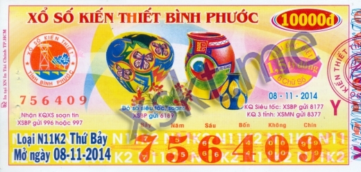 Mẫu vé sô xổ số Bình Phước ngày 8/11/2014