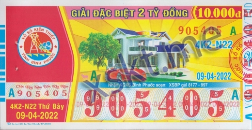 Mẫu vé sô xổ số Bình Phước ngày 9/4/2022