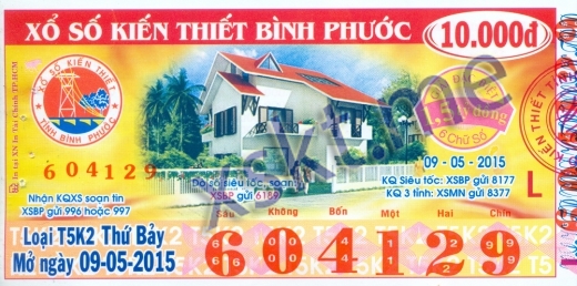 Mẫu vé sô xổ số Bình Phước ngày 9/5/2015
