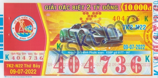 Mẫu vé sô xổ số Bình Phước ngày 9/7/2022