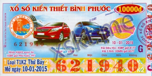 Mẫu vé sô xổ số Bình Phước ngày 10/1/2015