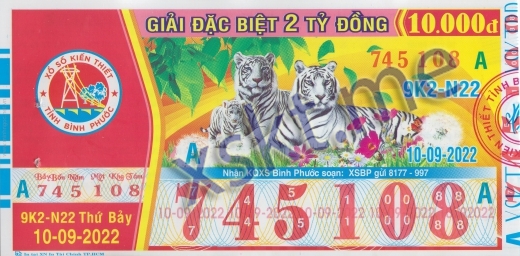 Mẫu vé sô xổ số Bình Phước ngày 10/9/2022